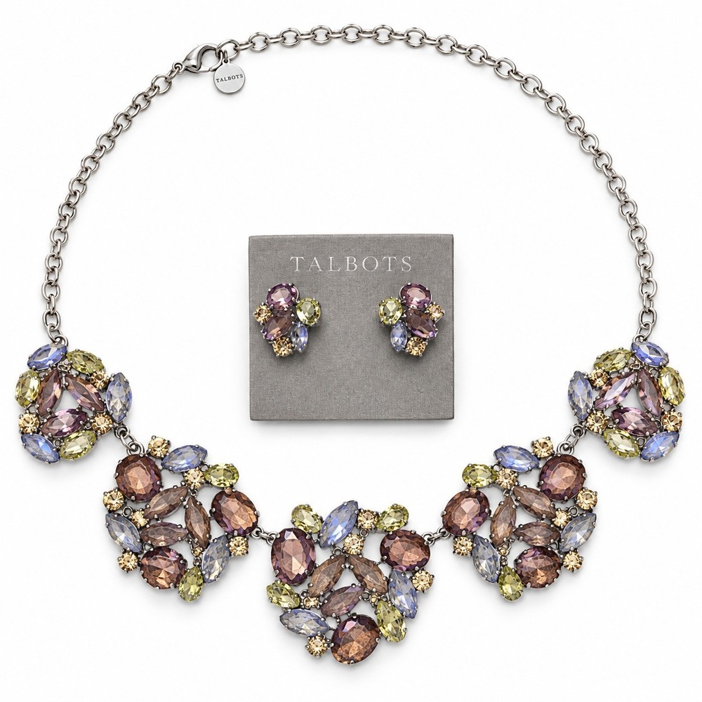 Talbots Multicolor Rhinestone Statement Necklace Post Earrings Set Silver Tone